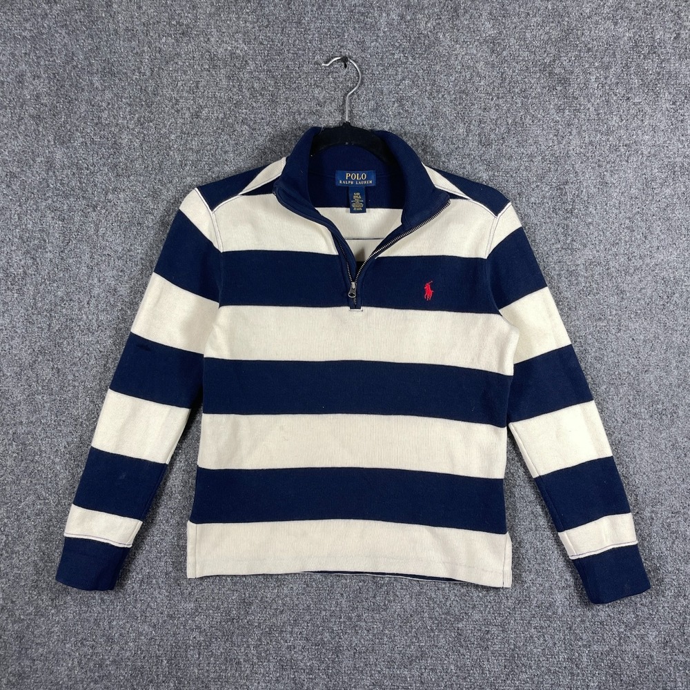 Polo Ralph Lauren Striped Quarter-Zip Pullover Navy/Cream White Youth Small / 8